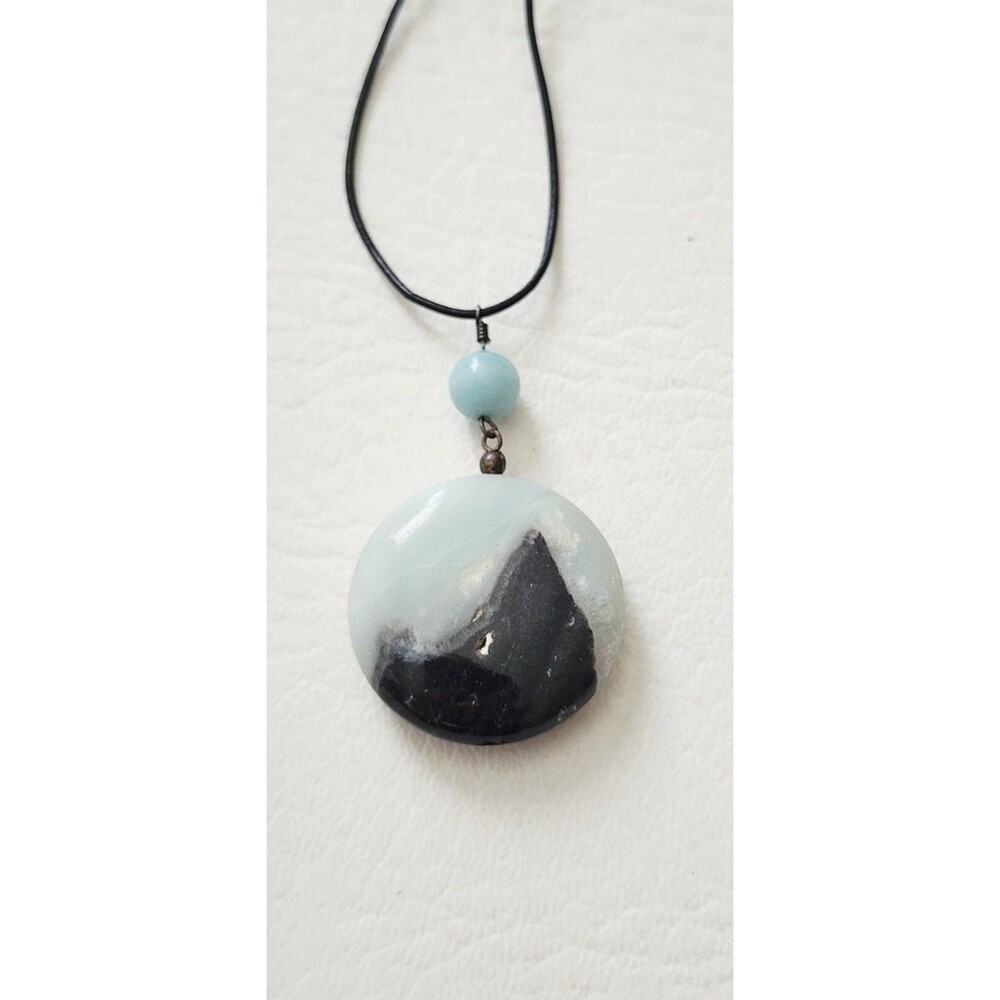 Mountain Landscape Blue Agate Stone Pendant Cord Sterling Clasp Necklace